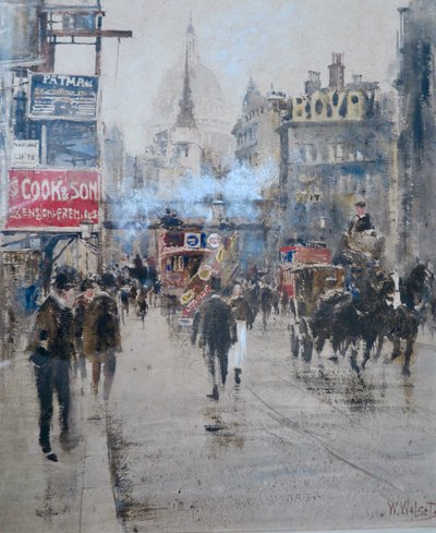 Viaducto de Fleet Street y Ludgate Hill con humo de un tren que pasa, c1910 (acuarela) de William Walcott