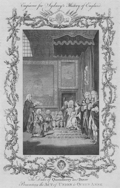 El duque de Queensberry y Dover presentando el Acta de Unión a la reina Ana, 1773 de William Walker