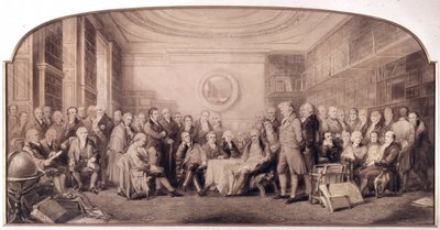 Los eminentes hombres de ciencia en 1807-1808. Reunión en la biblioteca del Real Instituto de Ciencias, Inglaterra. Grabado de William Walker y Sir John Gilbert (1817 - 1897) - Eminentes Hombres de Ciencia Vivientes en 1807 de William Walker