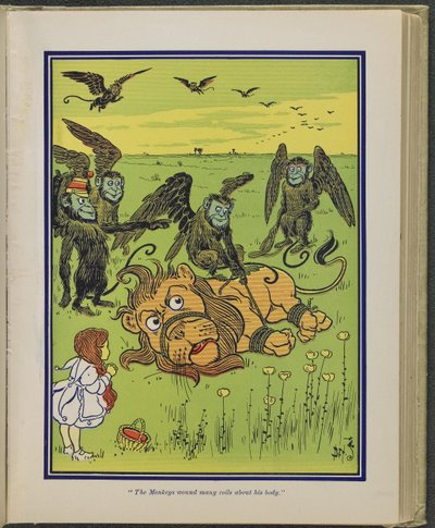 He Monkeys wound many coils around his body", ilustración de "El maravilloso Mago de Oz" de Lyman Frank Baum de William Wallace Denslow