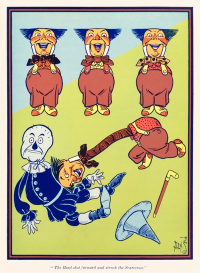 "La cabeza se lanzó hacia adelante y golpeó al espantapájaros." de "El maravilloso mago de Oz" por L. Frank Baum de William Wallace Denslow