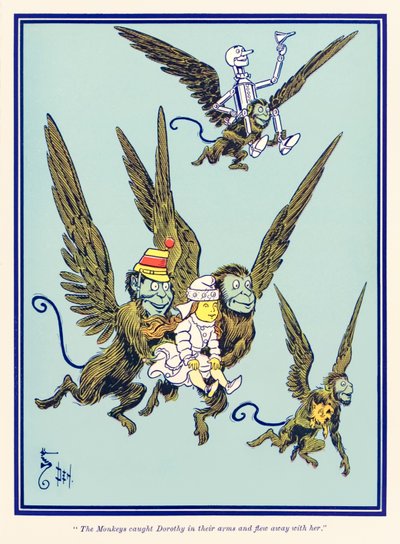 “Los monos atraparon a Dorothy en sus brazos y se la llevaron volando.” de “El maravilloso mago de Oz” por L. Frank Baum de William Wallace Denslow