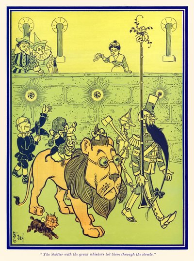 El soldado de los bigotes verdes los guió por las calles. de El maravilloso Mago de Oz de L. Frank Baum de William Wallace Denslow