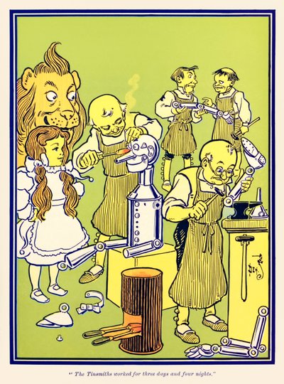 “Los hojalateros trabajaron durante tres días y cuatro noches.” de “El Maravilloso Mago de Oz” de L. Frank Baum de William Wallace Denslow