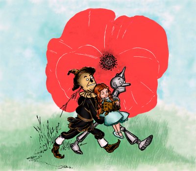 El maravilloso mago de Oz - El mago de Oz: dibujo por Denslow, William Wallace (1856-1915) para una de las primeras ediciones del libro de Frank Baum (1856-1919) - Dorothee (Dorothy) y su perro Toto están lejos del campo mortal de amapolas por el espantapá de William Wallace Denslow