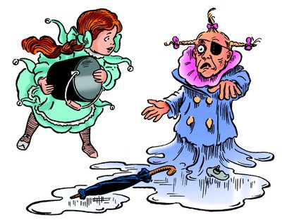 El Maravilloso Mago de Oz - El Mago de Oz: dibujo de Denslow, William Wallace (1856-1915) realizado para la primera edición de 1900 del libro de Frank Baum (1856-1919) - Dorothea (Dorothy) derrite a la fea bruja del oeste arrojándole un cubo de agua de William Wallace Denslow