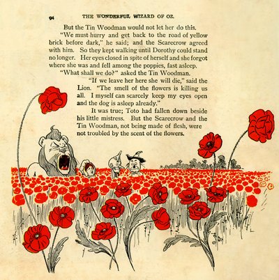 El maravilloso mago de Oz - capítulo VIII: el campo mortal de amapolas - El mago de Oz: capítulo 8 - una página ilustrada por Denslow, William Wallace (1856-1915) de la primera edición de 1900 del libro de Frank Baum (1856-1919) - Dorothee (Dorothy) y el t de William Wallace Denslow