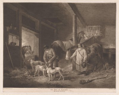 Cazadores en el establo preparando a sus animales El primero de septiembre, mañana (título sobre el objeto) de William Ward