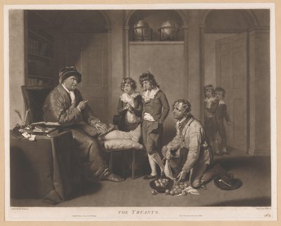 El hombre regaña a los niños y a un hombre arrodillado con peras. The Truants (título sobre el objeto) de William Ward