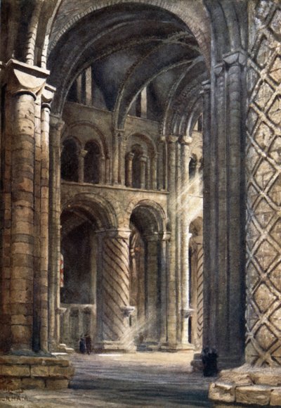 Durham, interior de la catedral mirando a través de la nave hacia el transepto sur (litografía en color) de William Wiehe Collins