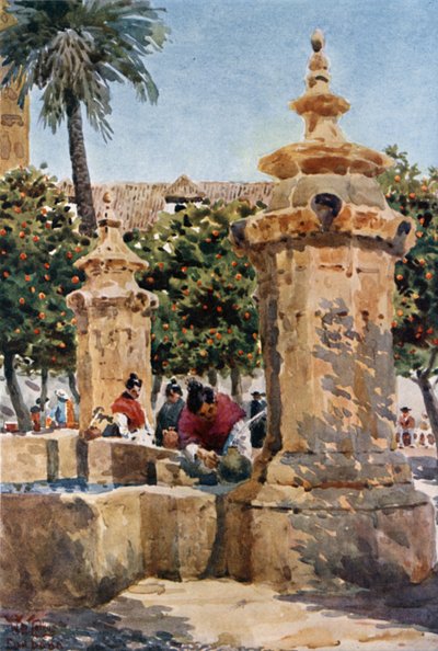 Fuente en el Patio de las Naranjas (litografía en color) de William Wiehe Collins