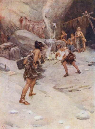 El hombre prehistórico (litografía en color) de William Wiehe Collins