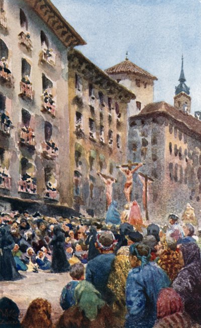 Zaragoza, Procesión de Semana Santa (litografía en color) de William Wiehe Collins