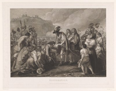 Carlos II de Inglaterra llega a la playa de Dover, 25 de mayo de 1660 Restauración (título sobre objeto) de William Woollett