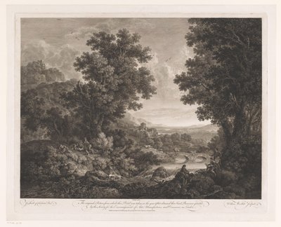 Paisaje con figuras alrededor de un fuego y un dibujante y chirimía en la orilla de un río Primer Paisaje Premium de William Woollett