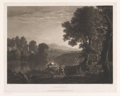 paisaje con pastores y mujer en mula en la orilla de un río Mañana (título en objeto) de William Woollett