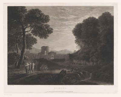 Paisaje con puerta y torre en la orilla de un río. Tarde (título en objeto) de William Woollett