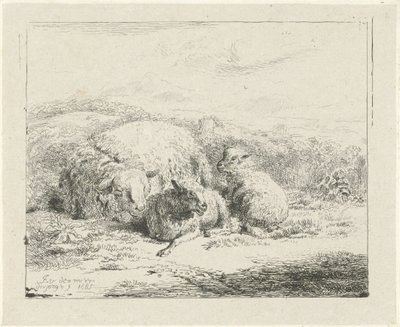 Oveja acostada con dos corderos de William Young Ottley