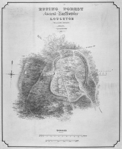 Mapa de las antiguas obras de tierra en Loughton Camp, alrededor del año 52 d.C. en Epping Forest, Essex de William d
