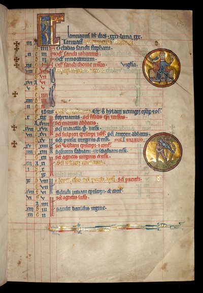 Ms 322 f.1r Enero, un hombre de tres cabezas bebiendo, ilustración del 