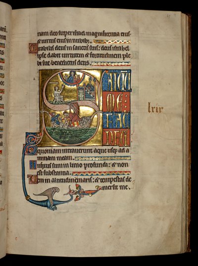 Ms 322 f.67r, Salmo 68, inicial S, Jonás rezando a Cristo a su salida de la ballena y Jonás arrojado a la ballena, ilustración del 