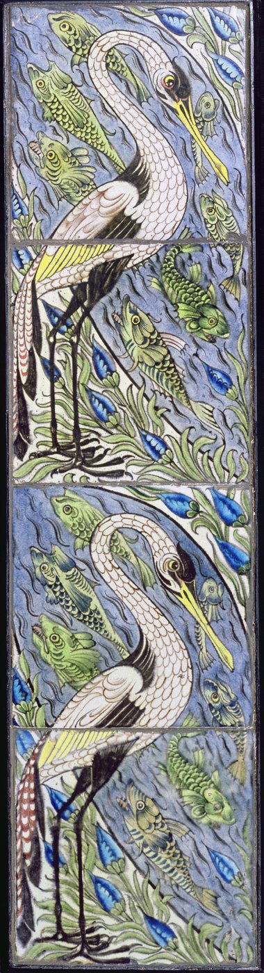 Cuatro azulejos que representan aves pescadoras de William de Morgan