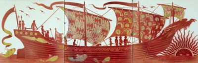 Tres azulejos que representan un barco navegando al atardecer de William de Morgan