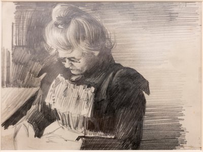 Una mujer cosiendo (Femme cousant) (Lápiz sobre papel) de William van Strydonck