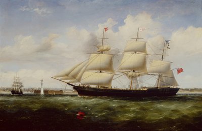 Barco Shepherdess pasando por el fuerte y el faro de Perch Rock al llegar al Mersey (óleo sobre lienzo) de Williams Kimmins McMinn