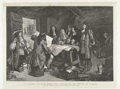 Guillermo III celebra consejo de guerra en la cabaña de un pescador, 1688 Un consejo de guerra tras el desembarco del Príncipe de Orange (título sobre el objeto) de Williamson