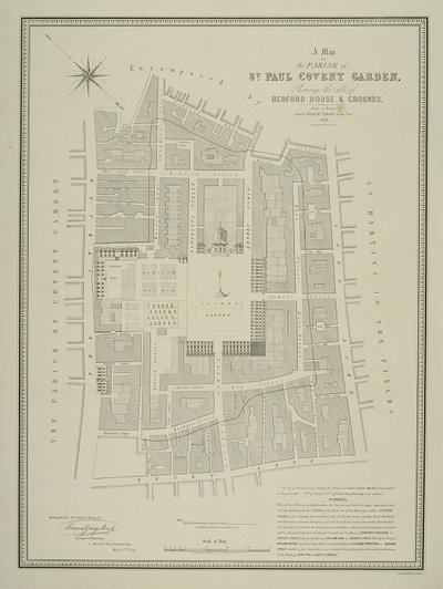 Mapa de la parroquia de St. Paul, Covent Garden, mostrando el sitio de Bedford House y terrenos, publicado por W.P. Metchim, 1686 de Willian Leybourn
