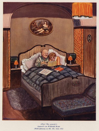 Pareja mirando libros eróticos en la cama (acuarela) de Willibald Krain
