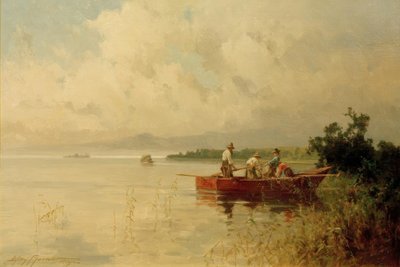 Pescadores en la orilla veraniega del lago Chiemsee de Willy Moralt