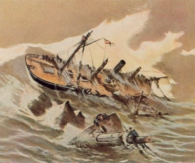 Hundimiento del cañonero "Iltis" (litografía en color mejorada) de Willy Stower
