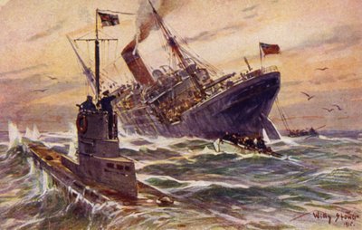 Destrucción de un barco mercante británico por un submarino alemán, Primera Guerra Mundial de Willy Stöwer