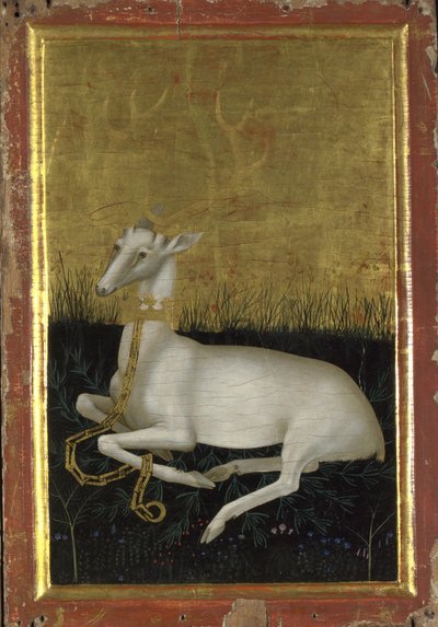 Un ciervo blanco encadenado con una corona alrededor de su cuello El panel exterior del Díptico de Wilton, entre 1395 y 1399 de Wilton Master