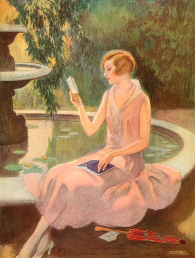 Joven leyendo una carta de amor junto a una fuente, c.1925 de Wilton Williams