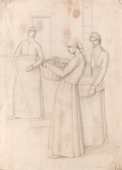 Estudio para "Diseño para decoración mural" - Tres mujeres con cestas de manzanas, c.1918 (lápiz sobre papel) de Winifred Knights