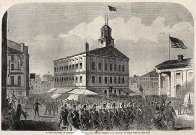 Un nuevo regimiento de voluntarios de Massachusetts pasa por Faneuil Hall, Boston, camino de la guerra. de Winslow Homer