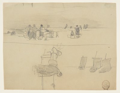 Escena de Playa con Mujeres Llevando Cestas, Cullercoats, Inglaterra de Winslow Homer