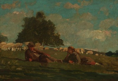 Niño y niña en un campo con ovejas de Winslow Homer