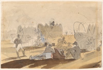 Caravana con carros cubiertos descansando de Winslow Homer