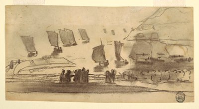 Dibujo, Escena de playa con gente y barcos de pesca, Cullercoats, Inglaterra, 1881-82 de Winslow Homer