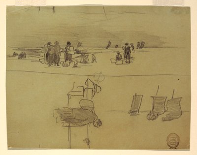 Dibujo, Escena de playa con mujeres llevando cestas, Cullercoats, Inglaterra, 1881-82 de Winslow Homer