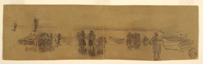Dibujo, Playa con cuatro barcas de pesca, Cullercoats, Inglaterra, 1881-82 de Winslow Homer