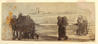 Dibujo, Figuras con vistas a una bahía y un pequeño barco, Cullercoats, Inglaterra, 1881-82 de Winslow Homer