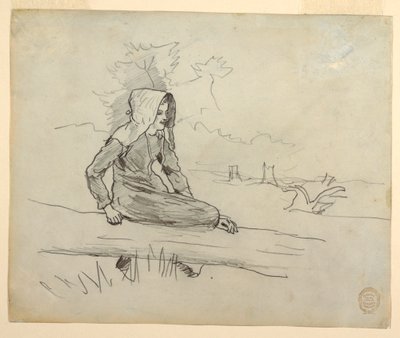Dibujo, Niña sentada en un tronco de árbol, 1879 de Winslow Homer