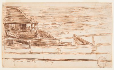 Dibujo, Casa en una barandilla con patos varados, Cullercoats, Inglaterra, 1881 de Winslow Homer
