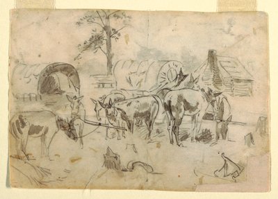 Dibujo, Mulas descansando atadas a los carros, 1862 de Winslow Homer