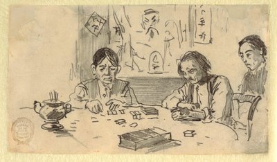 Dibujo, Tres chinos jugando al dominó en un club de Baxter Street, Nueva York, ca. 1874 de Winslow Homer
